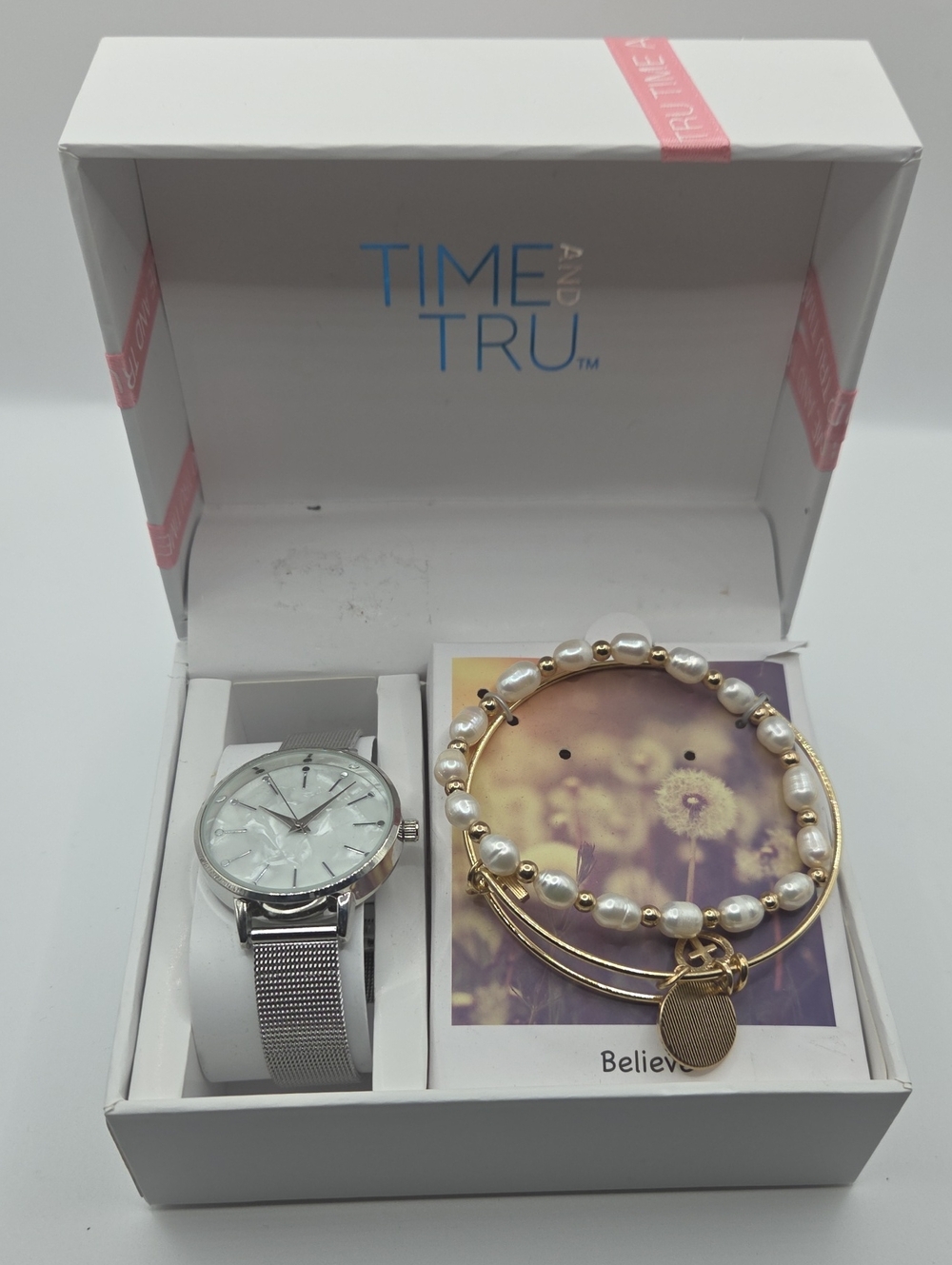 Time and Tru Silver Mesh Watch with Gold Pearl-Accented Bracelet Set